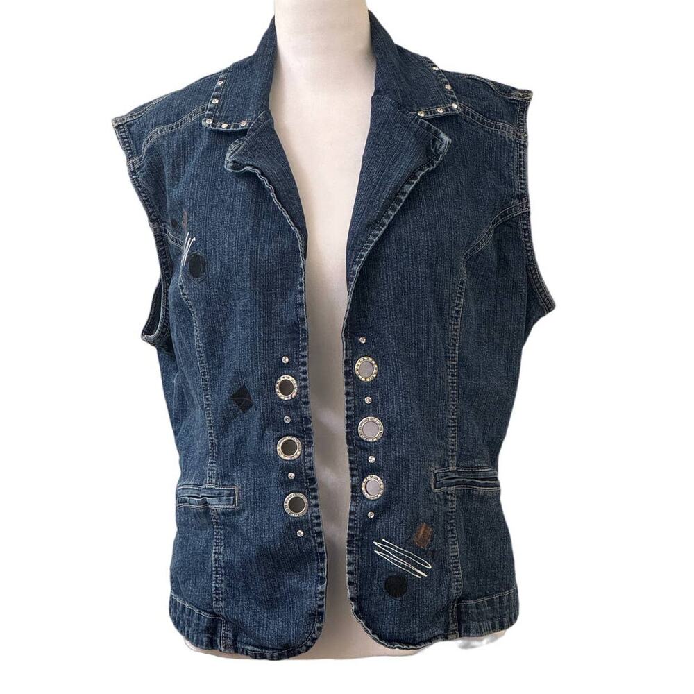 Ethyl Vintage Denim Vest Y2K Rhinestone Accent Blue Jean Size M